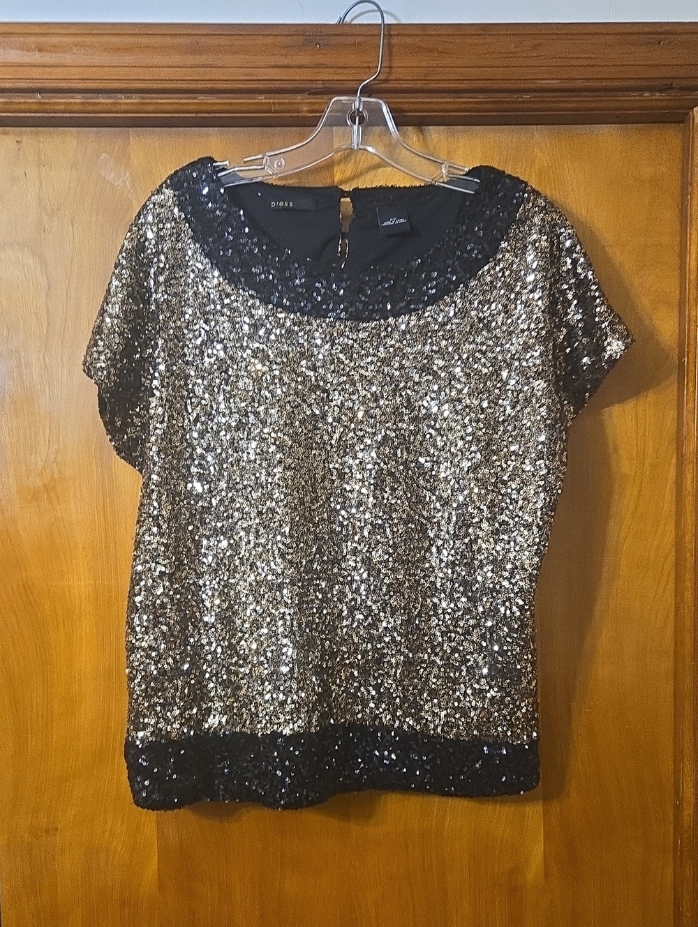 Small Petite Gold Sequin Short Sleeve Top with Black Trim